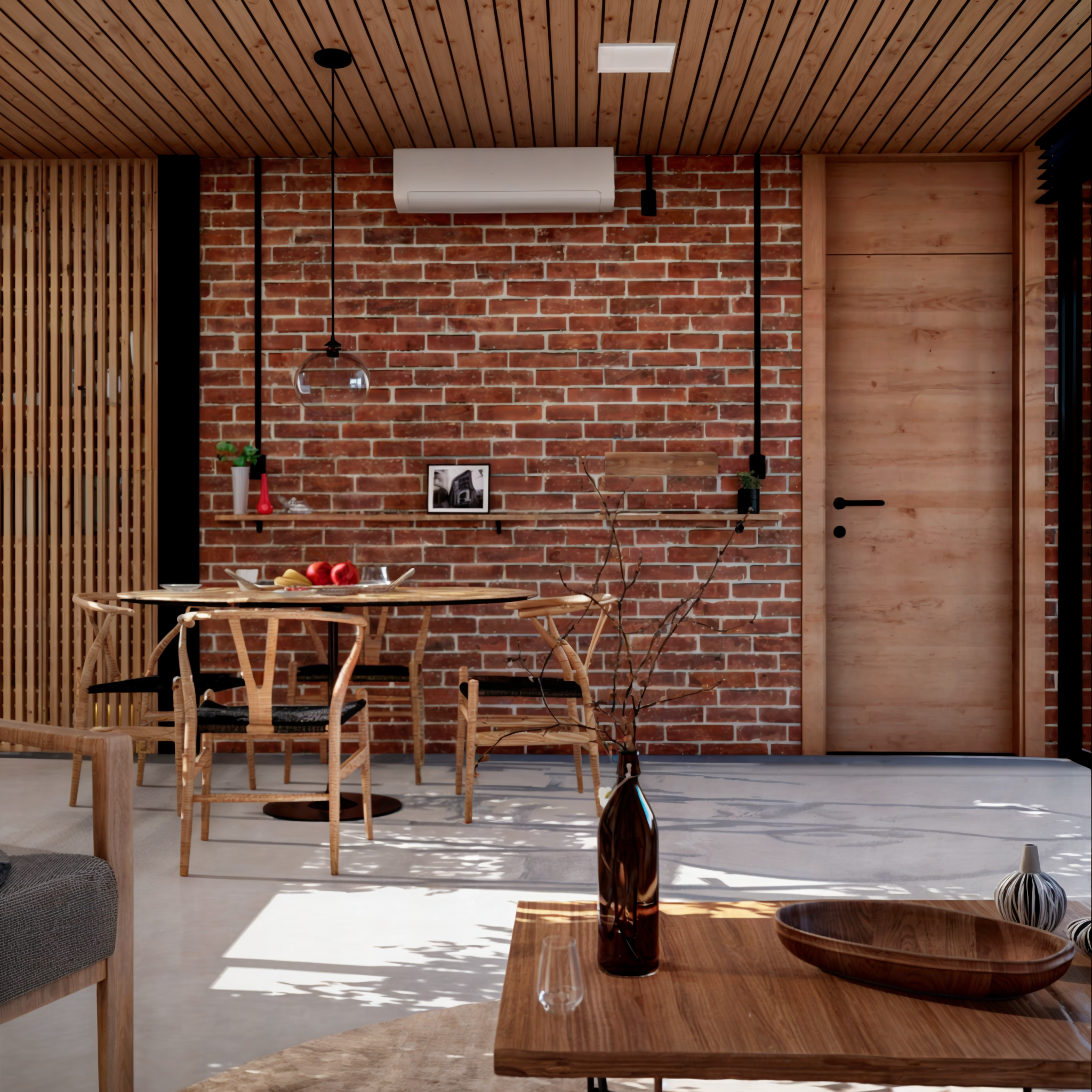 Interior rústico-moderno com parede de tijolos e forro em madeira - Reccon