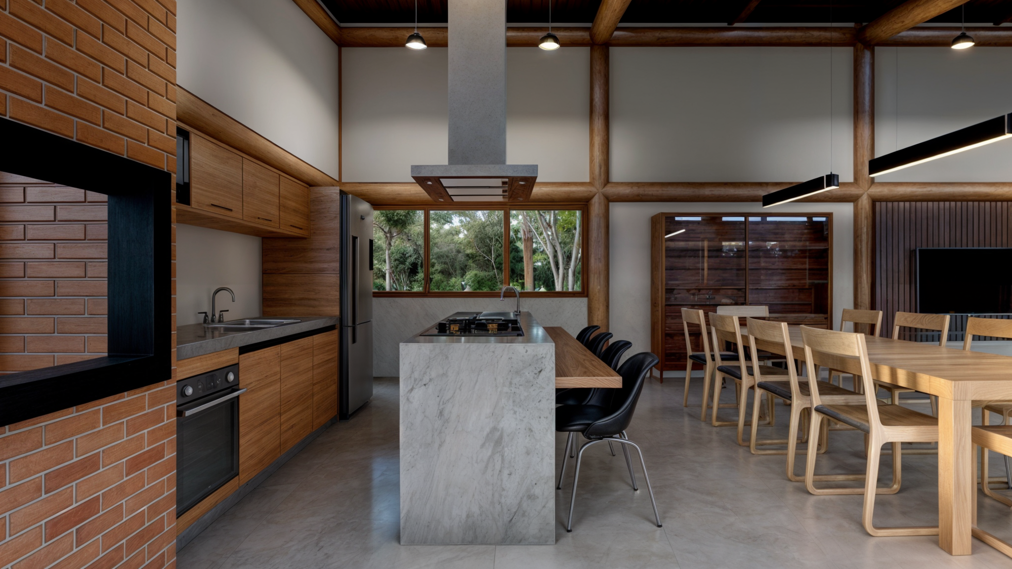 Cozinha gourmet com ilha em mármore e estrutura em madeira - Reccon Construtora